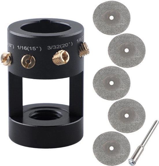 Slijpgereedschappen di wolframcarbide, pietre abrasive, teste regolabili e laskop, con diametri di 0,04 pollici, 1/16 pollici, 3/32 pollici e 1/8 pollici (rispettivamente 1 mm, 1,6 mm, 2,4 mm e 3,2 mm).