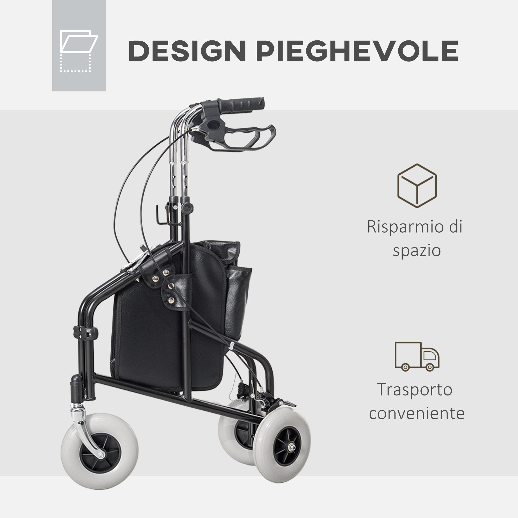 Deambulatore per Anziani e Disabili ad Altezza Regolabile 60x62x84-100,5 cm con Cestino e Vassoio Nero