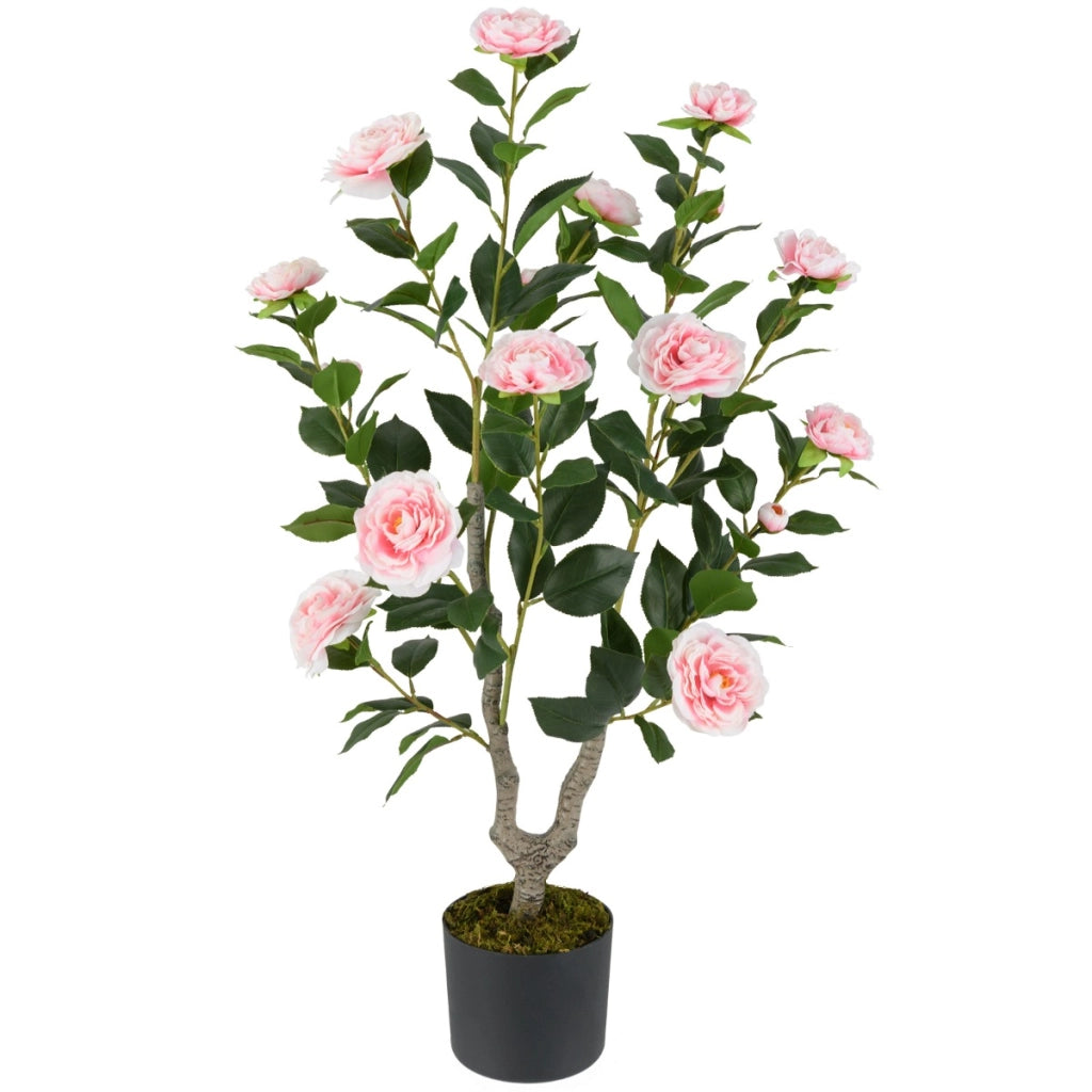 Albero di camelia artificiale da 90 cm, Pianta finta con fiori in vaso da vivai, Rosa e Verde