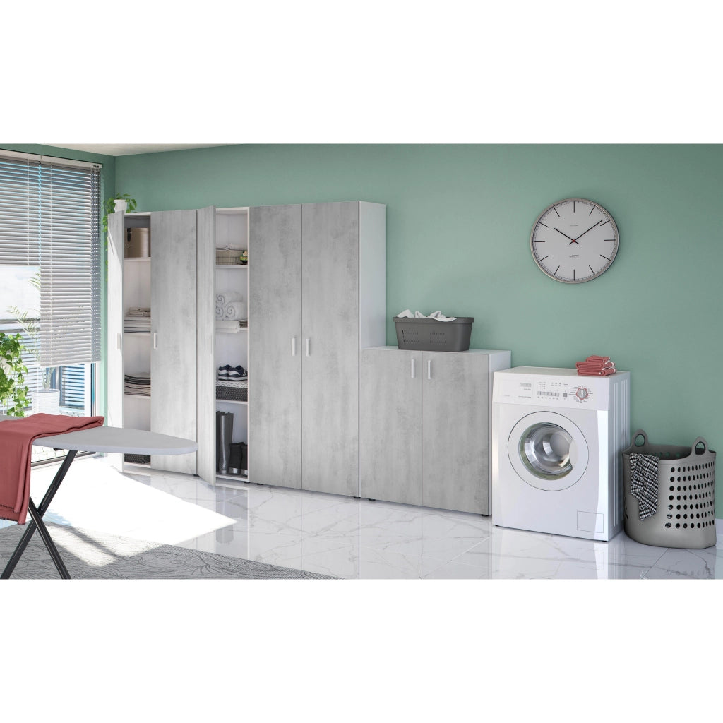 Armadio Alto Multiuso Con Doppia Anta E 4 Ripiani Ideale Per Bagno Ingresso Camera Da Letto Garage Ripostiglio Design Moderno Huelva L 80 x 37 x 182 Cm Bianco E Grigio Cemento