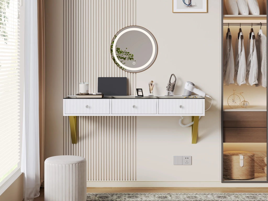 Tavolo da toeletta a parete con 3 cassetti; piano vetro; supporto tablet e portacoppe; Bianco; 120×40×45cm (senza specchio LED)