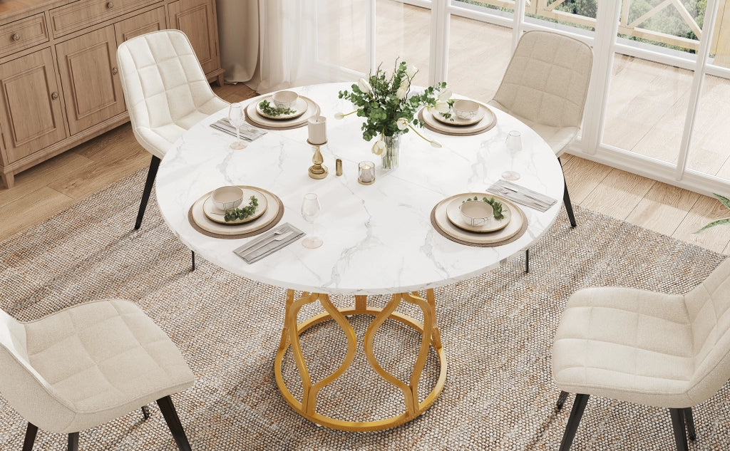 Tavolo da pranzo rotondo con ripiano, per 4-6 persone, in MDF e metallo, bianco e oro, 100 × 100 × 75 cm