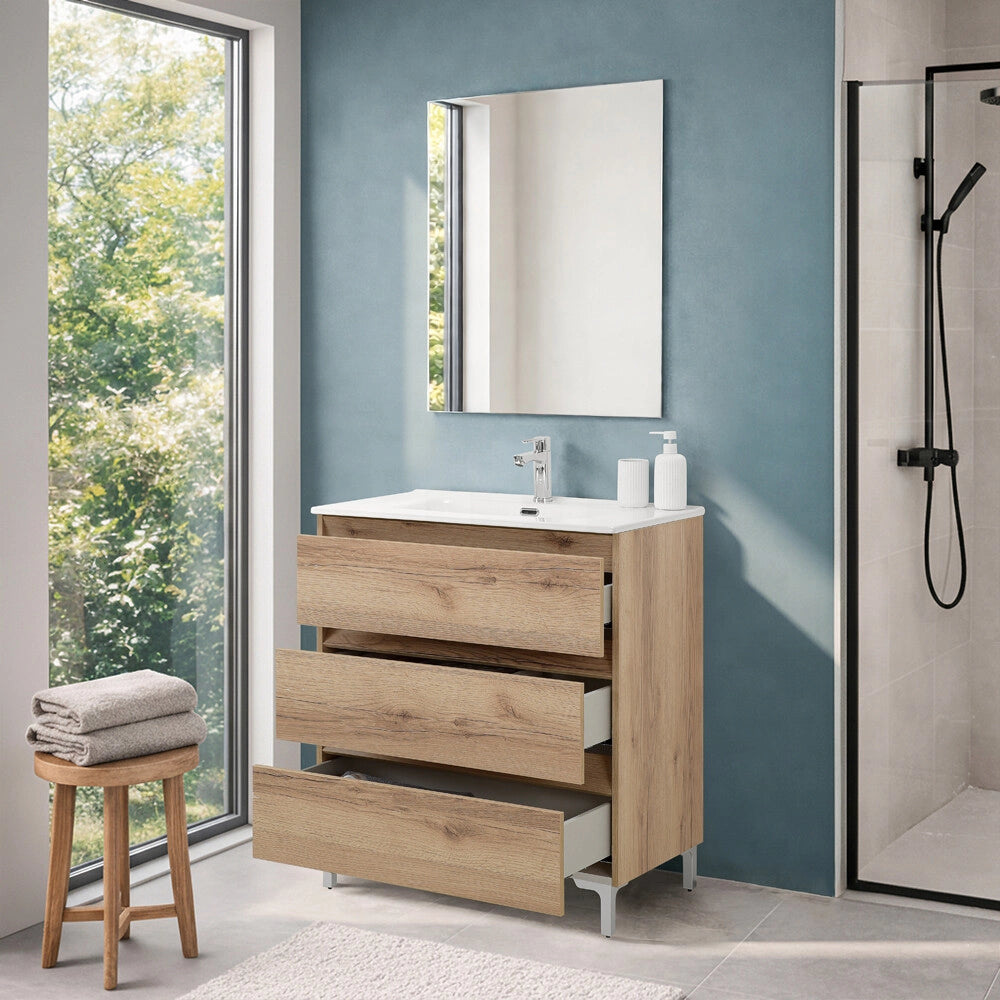 Mobile bagno a terra 100 cm in quercia naturale con lavabo e specchio Leda