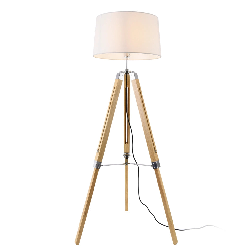 Lampada da Terra a Treppiede Regolabile in Altezza Piantana Tripode Base in Legno e Metallo Paralume in Tessuto -