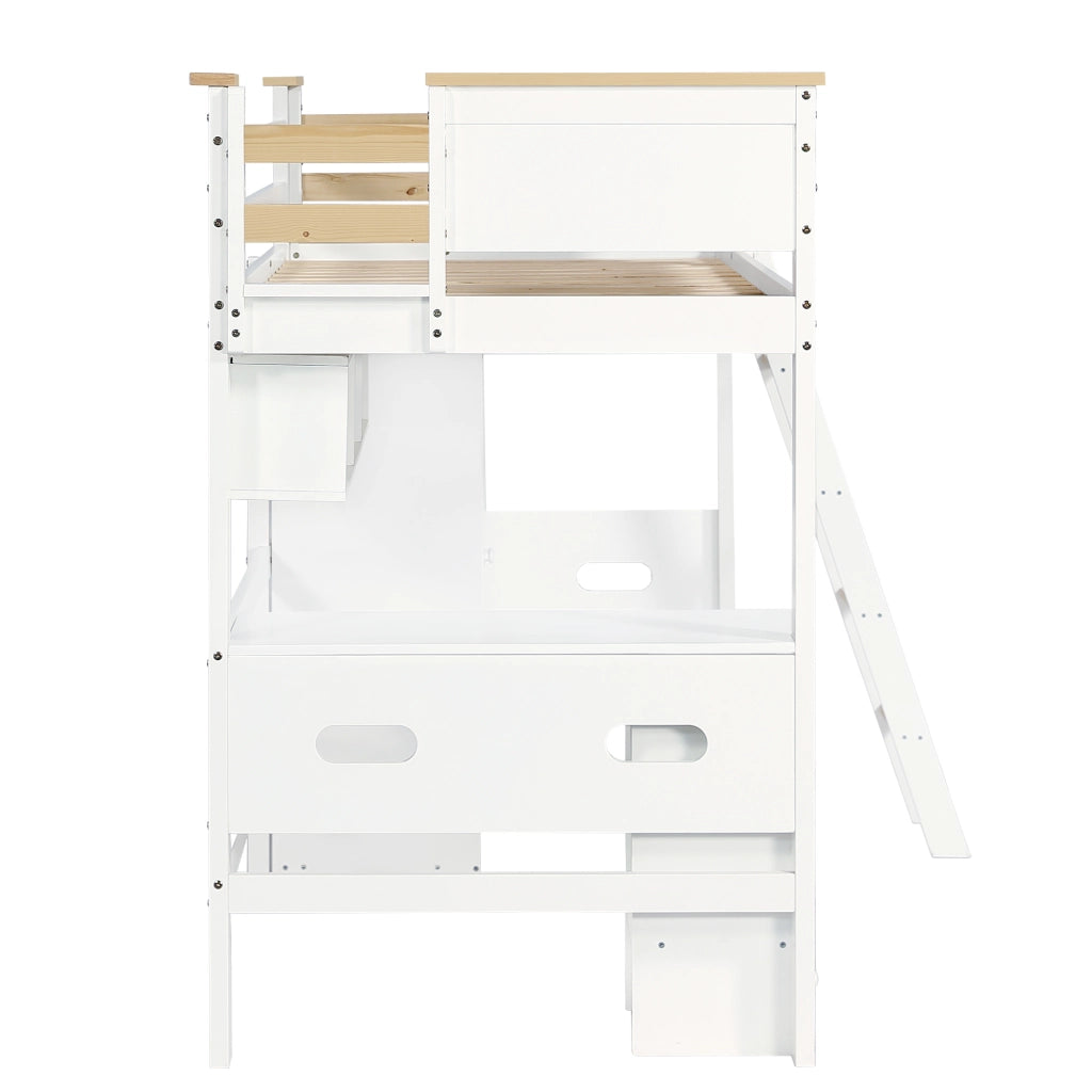Letto a Castello 90x200 cm - Scrivania; Armadio e Scaffale Aperto - in Legno e MDF - Bianco e Naturale