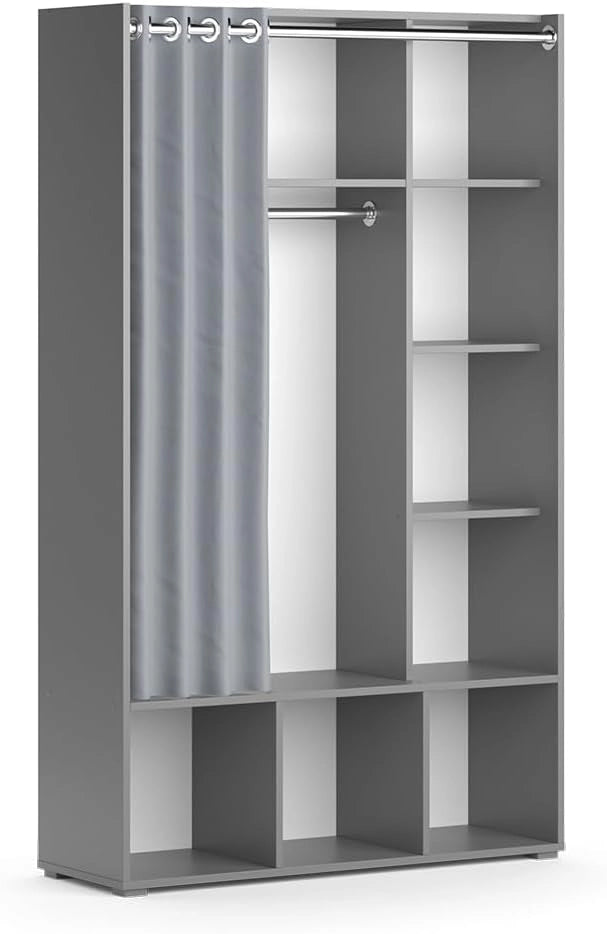 Guardaroba per bambini Luigi, Grigio, 105.8 x 178.1 cm con appendiabiti a tenda, combinabile con altri mobili della serie Luigi