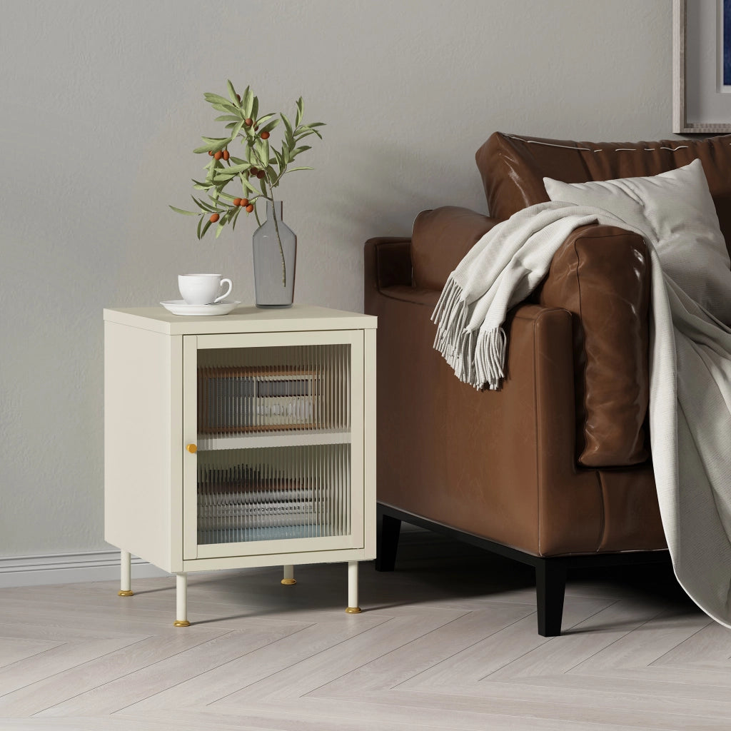 Armadietto in Acciaio Lindau con Anta in Vetro Scalanato 56x40x40 cm Bianco Crema [en.casa]
