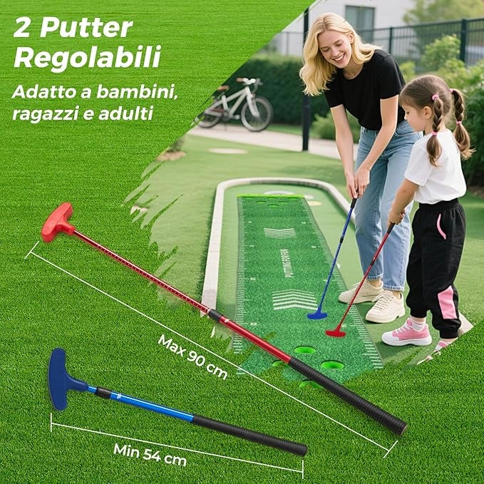 Putting Green, Set Gioco Golf Pong con 2 Putter Regolabili, 6 Palline e 12 Copri Buchi, Tappetino da Golf per Fester, Giardino e Casa, 332 cm x 50 cm