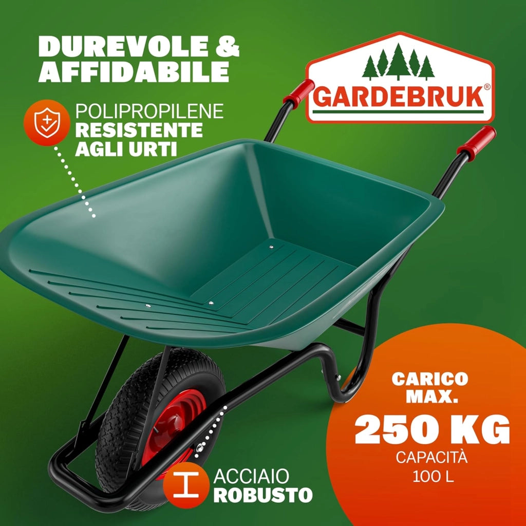 ® Carriola 100 Litri da Giardino Cantiere Costruzione Portata Massima 250kg con Pneumatico Vasca Polipropilene