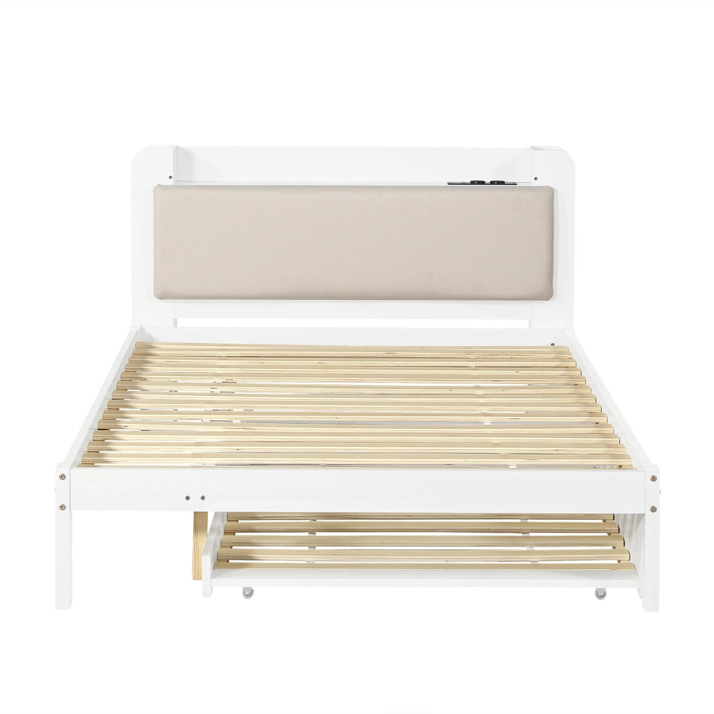 Letto in legno da 120x200 cm, con letto estraibile da 90x190 cm, testiera imbottita, ripiano e prese di ricarica, bianco