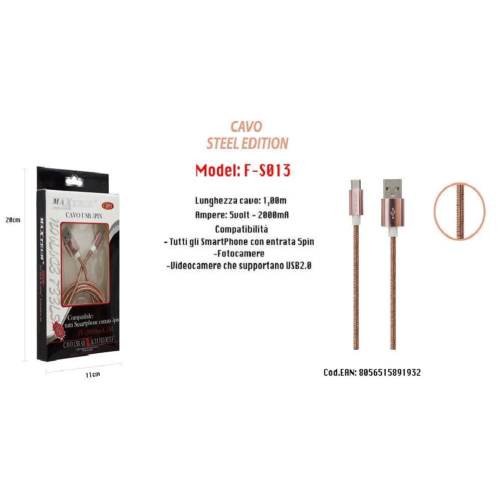 Trade Shop - Cavo Usb Steel Edition X Smartphone 5 Pin 5volt - 2100ma 1,0 Mt Maxtech F-s013 -