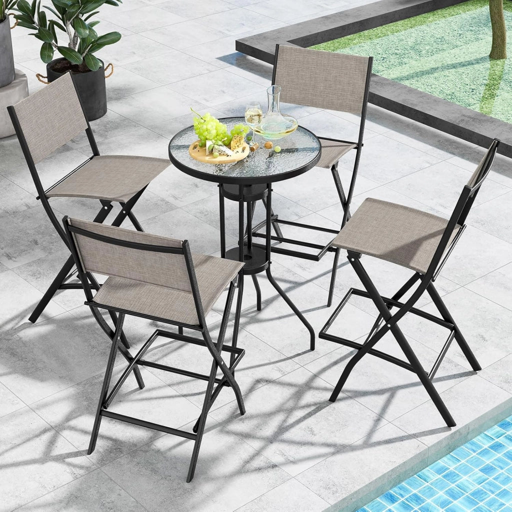 Set di Sgabelli da Bar 2 Pezzi, Sedie Alte e Pieghevoli con Telaio in Metallo e Poggiapiedi, Sedie da Bar per Balcone, Giardino e Piscina (Caffè)
