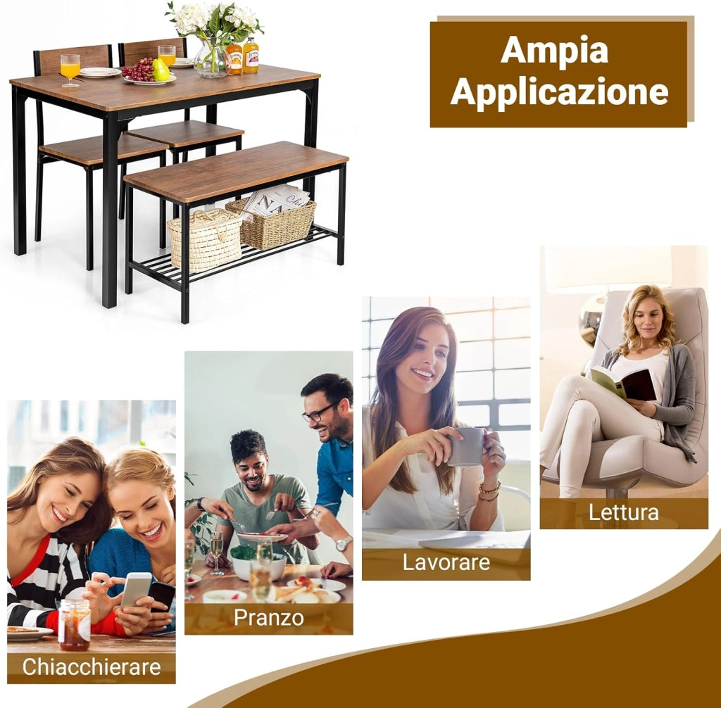 Set Tavolo e Sedie da Pranzo 4 Pezzi, Tavolo da Pranzo con 2 Sedie e 1 Panca, Set Mobili da Cucina Salvaspazio con 4 Posti, per Cucina, Sala da Pranzo e Soggiorno (Marrone)