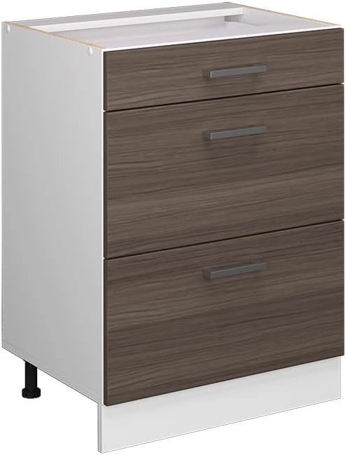 Mobiletto base per cucina R-Line, Grigio nobile, 60 cm con cassetti, senza piano di lavoro, per la libera combinazione all'interno di sistemi cucina modulari