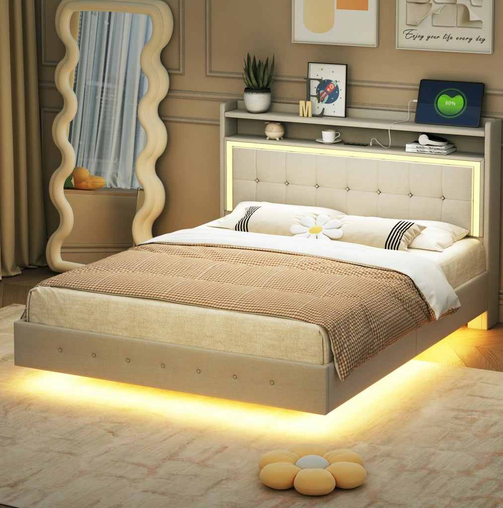 Letto imbottito 140x200 cm; USB e LED; tessuto di lino; beige (Senza materasso)