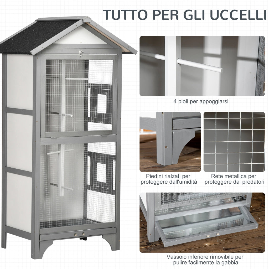 Voliera per Uccelli da Esterno in Legno di Abete. 80.5x57x158.5cm. Grigio Chiaro