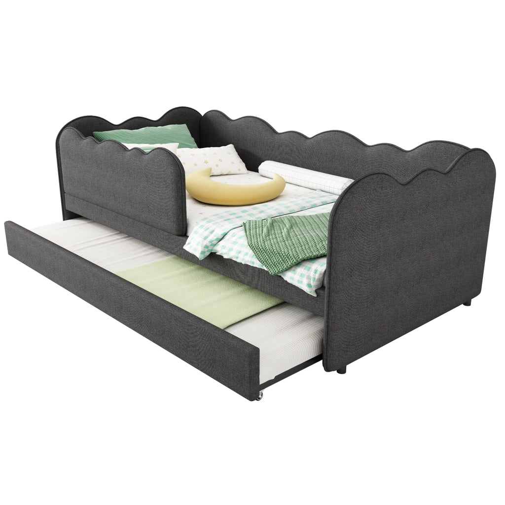 Letto daybed con letto estraibile 90x190 cm, letto per bambini in lino grigio con rete a doghe, senza materasso