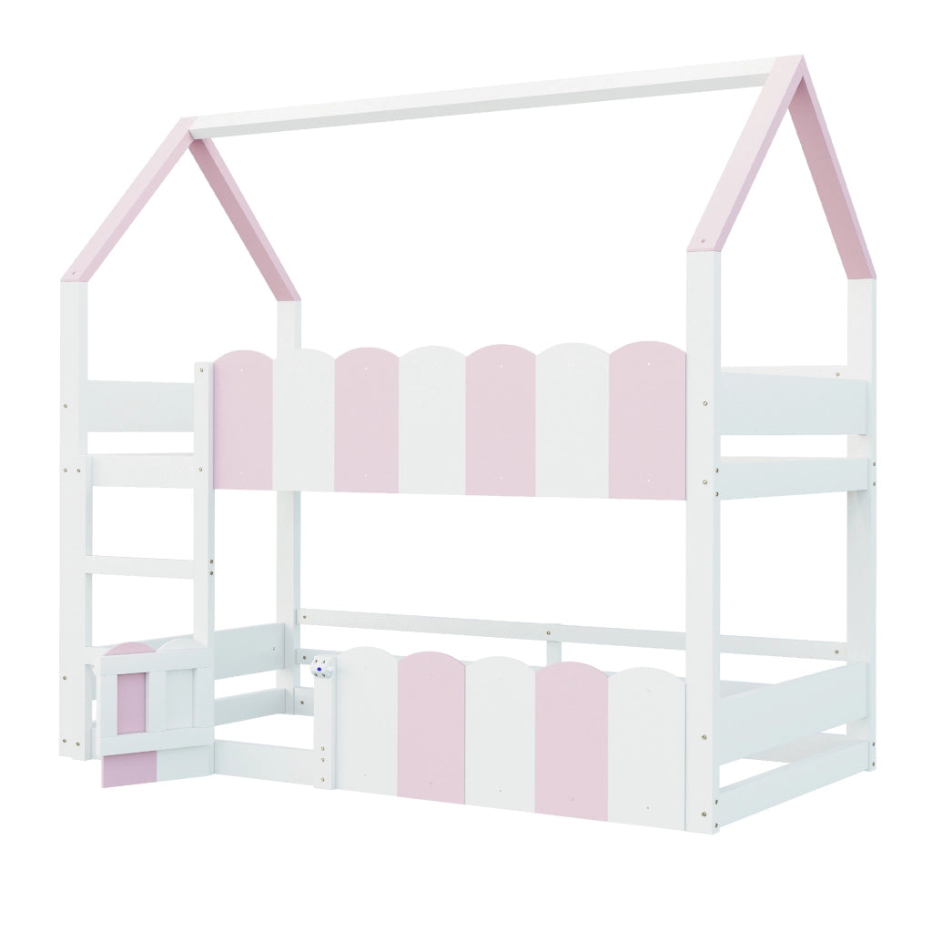 Letto a castello ULEVR 90x200 cm a forma di casa con scala e sponde di sicurezza, rosa e bianco