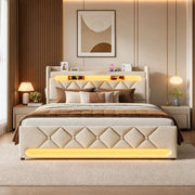 Letto matrimoniale 140x200 cm con contenitore, testiera con USB e Type C, LED, beige