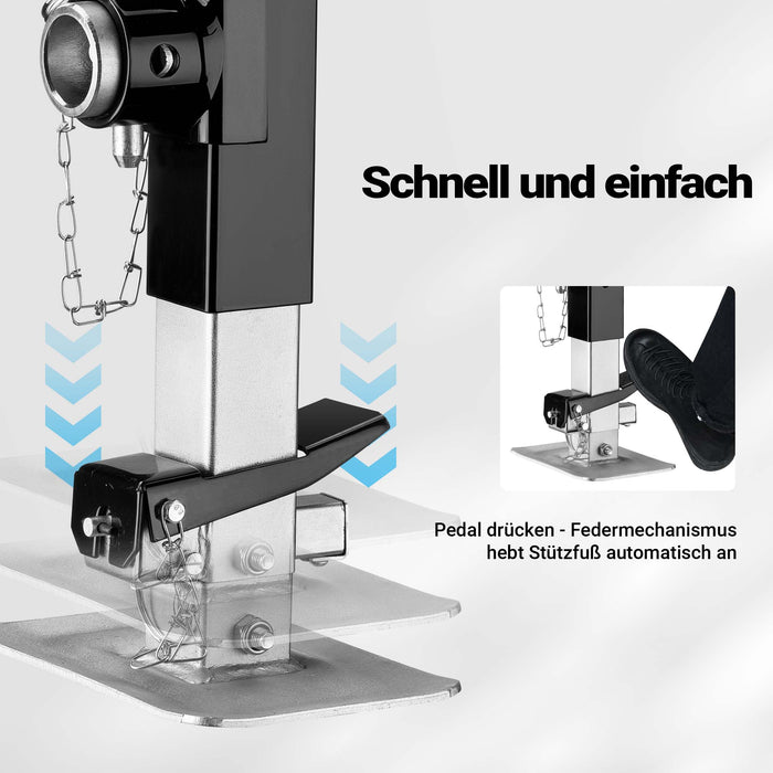 Piede stabilizzatore per rimorchi roulotte, max 900 kg, regolabile in altezza con manovella, con pedale e perno di sicurezza