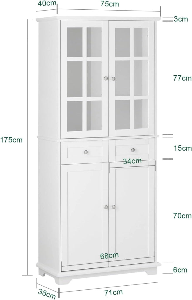 Credenza Alta per Cucina Mobile Buffet in Legno con 6 scomparti e 2 cassetti Armadio Dispensa in Stile moderno Bianco 75x40x175cm FSB76-W