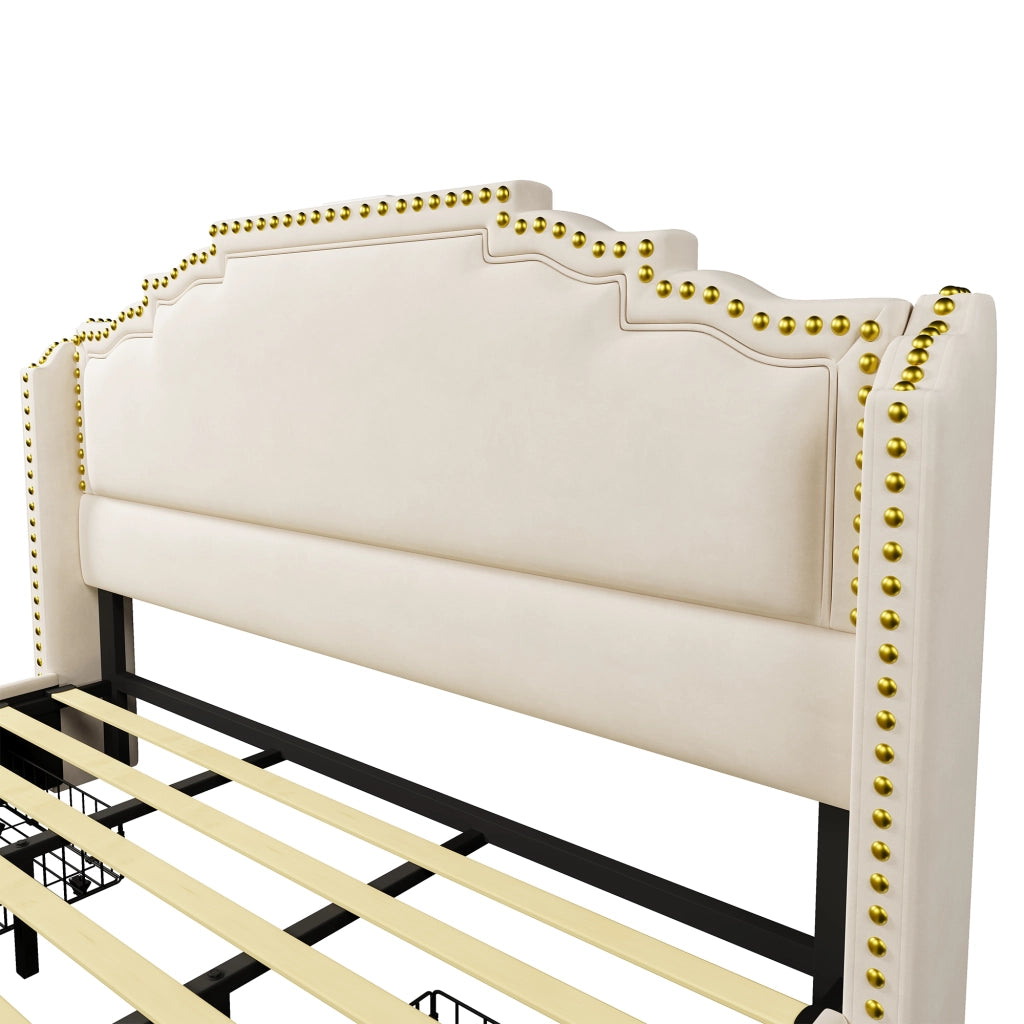 Letto imbottito matrimoniale 180x200 cm con 4 cassetti, LED, USB e Type-C, velluto beige, senza materasso