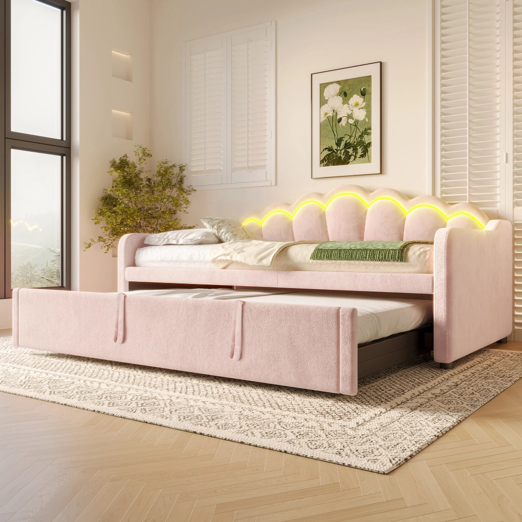 Letto imbottito pieghevole con luci LED 90x200 cm velluto rosa
