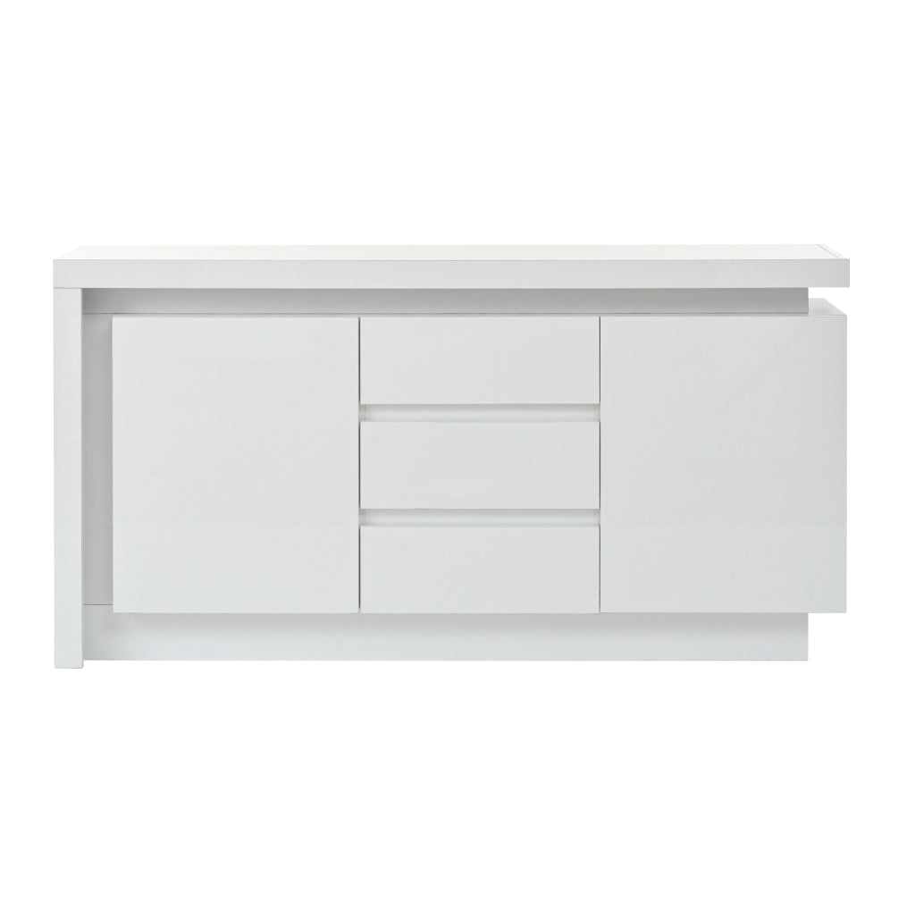 Sideboard 140x35x72 cm con 2 ante; 3 cassetti; LED; bianco lucido