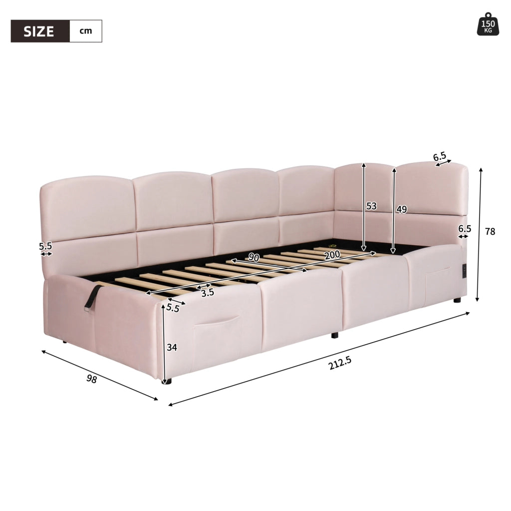 Divano letto contenitore 90x200 cm con USB e USB C; velluto rosa