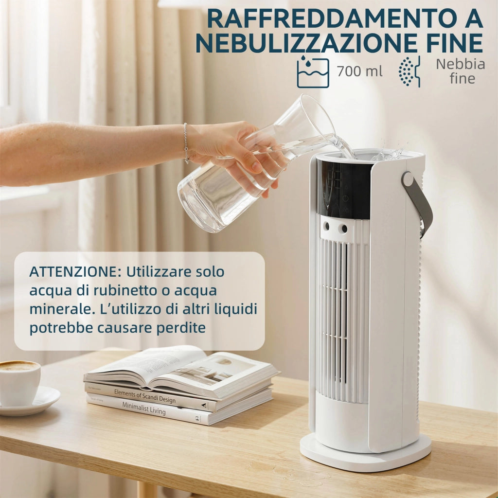 Ventilatore da Tavolo 16,8x16x41 cm con Nebulizzazione Telecomando Luci LED 3 Velocità Timer 10H Bianco