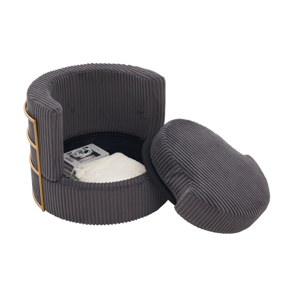 Poltrona girevole 360° in tessuto corduroy grigio con contenitore; 76x79x78 cm
