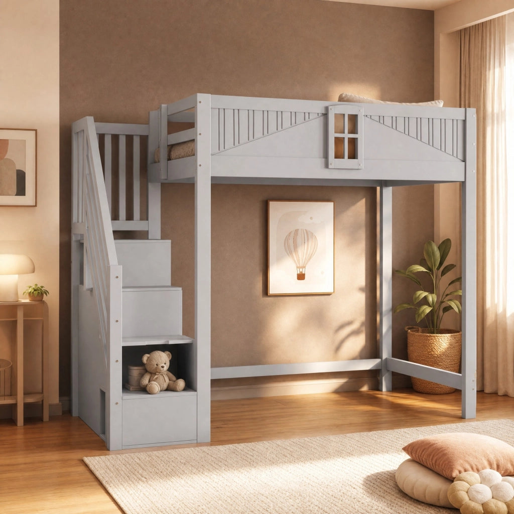 Letto a soppalco in legno massello 90 x 200 cm con scala laterale reversibile, vano contenitore integrato e protezione a finestra, grigio