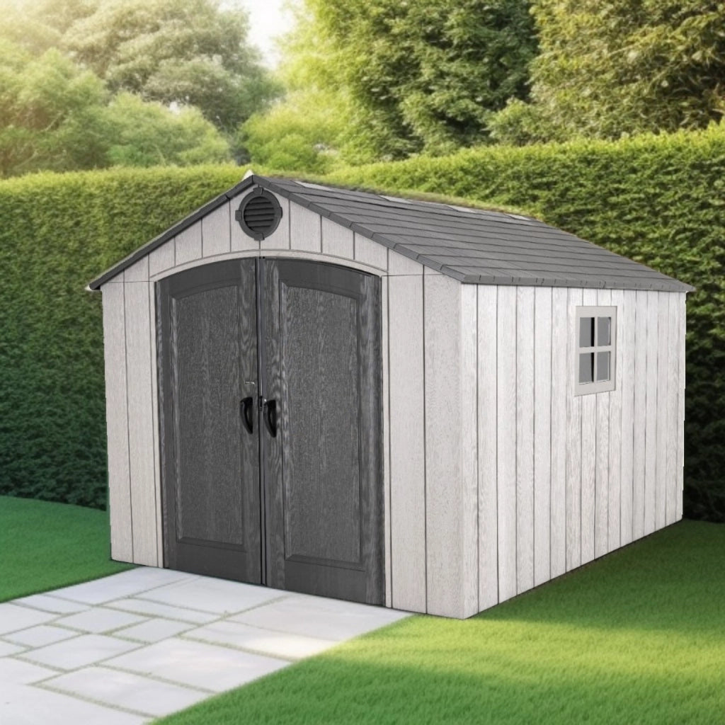 Rifugio in resina HDPE, finto legno, grande volume, con pavimento, 2,40m x 3,00m, 7,20m² Materiale: Resina