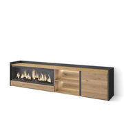 Mobile TV Soggiorno, 212x50x35 cm, Per TV fino a 80", Camino elettrico XXL, LED, Rovere e nero