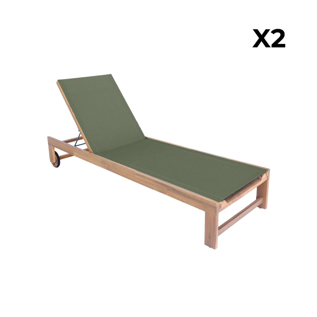Set 2 lettini prendisole in legno multiposizione con ruote, verde kaki