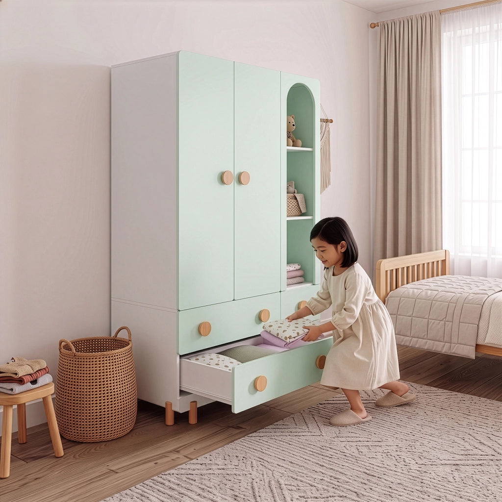Armadio per Cameretta Vaarentaa a 2 Ante con 4 Cassetti e 3 Vani Aperti 156x90x41 cm - Bianco/Verde Menta [en.casa]