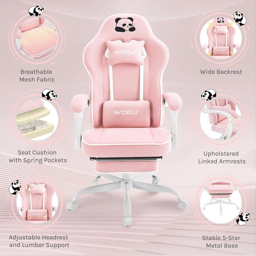 Sedia Gaming, Ampia Sedia da Ufficio Ergonomica Imbottita con Cuscino a Molla, Alta Capacità di Carico, Poltrona per Computer con Schienale Alto e Poggiapiedi, Tessuto a rete, Rosa, GS16rs