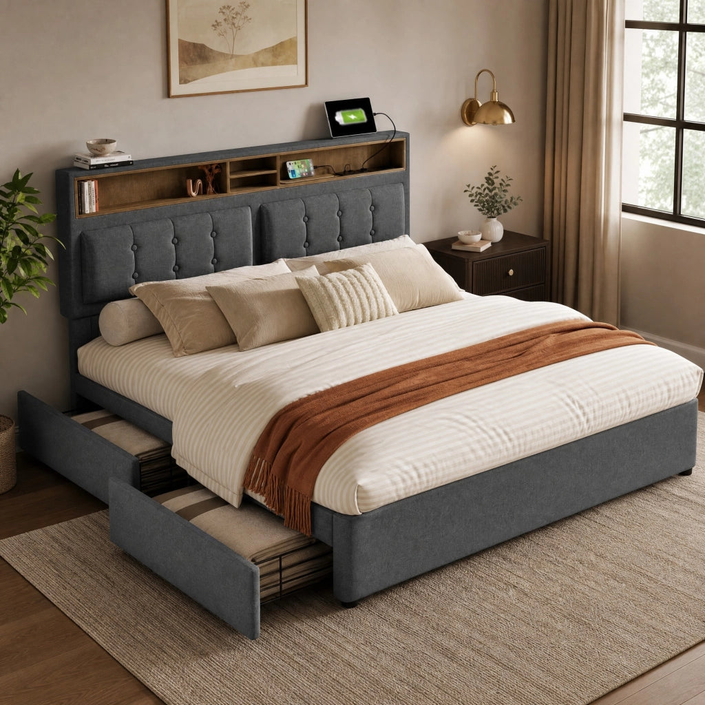 Letto matrimoniale 140x200 in lino grigio con 4 cassetti, USB/Type-C, testiera regolabile, senza materasso