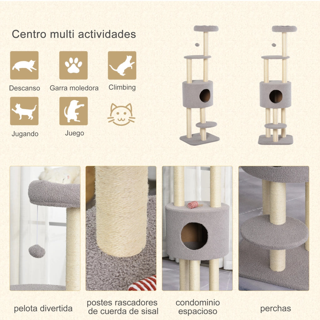 Albero tiragraffi per gatti con piattaforme e pallina ¨C zephmum ¨C grigio 148 cm