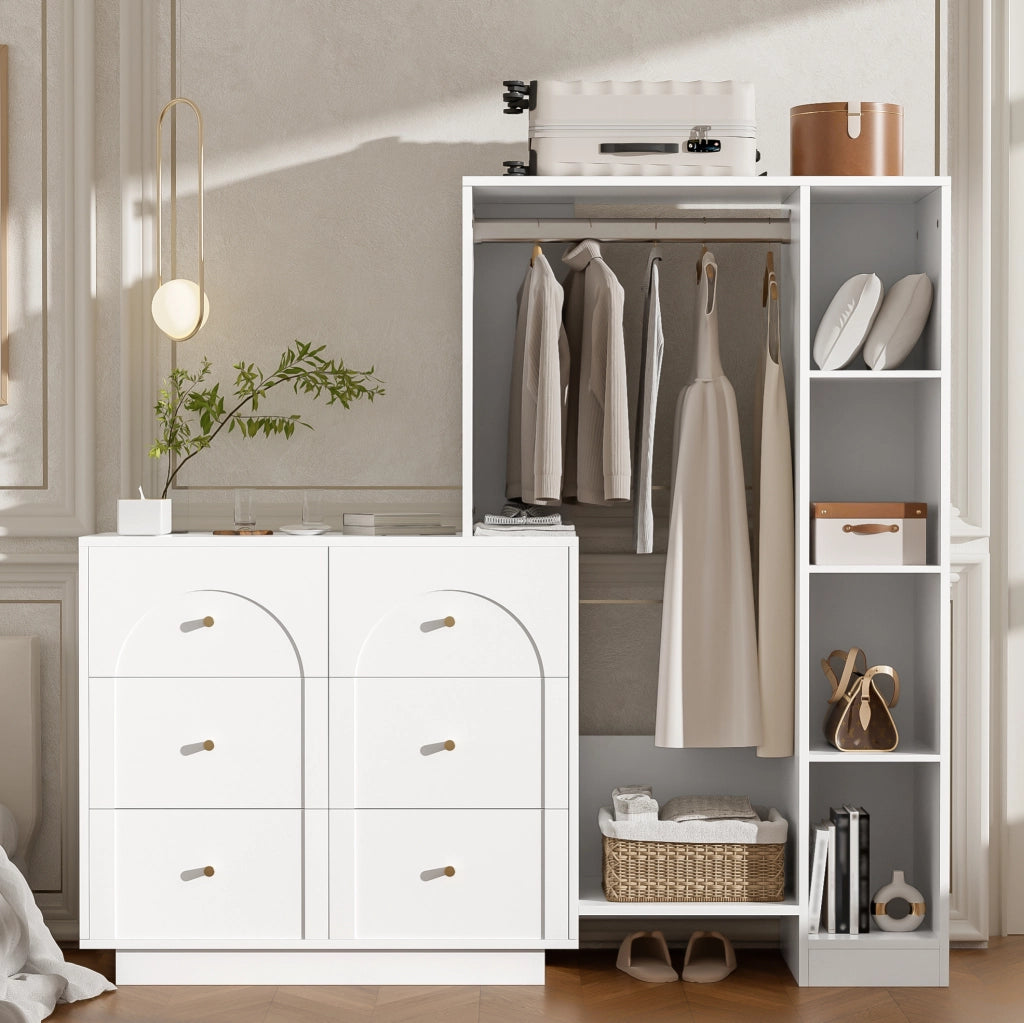 Armadio guardaroba multifunzione bianco con 6 cassetti e appendiabiti