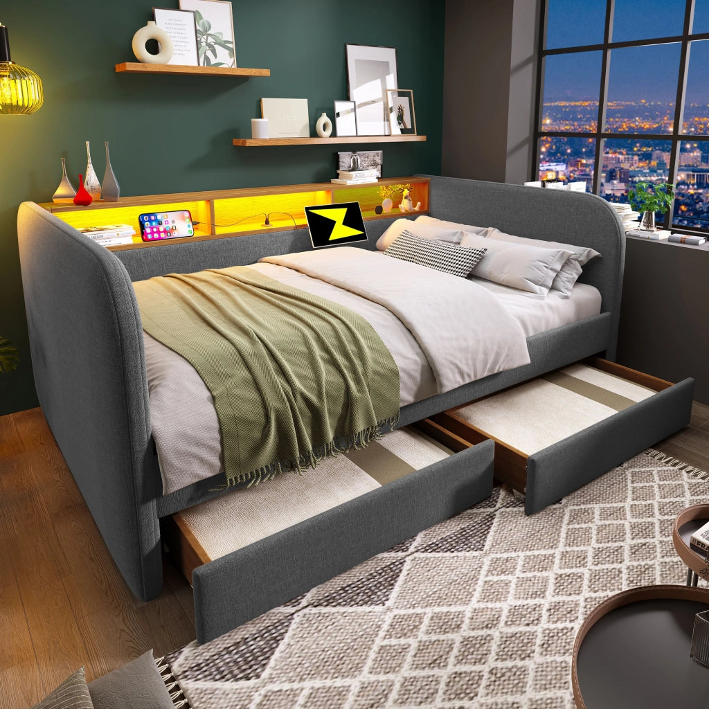 Divano letto imbottito con LED e USB 140x190 cm colore grigio lino