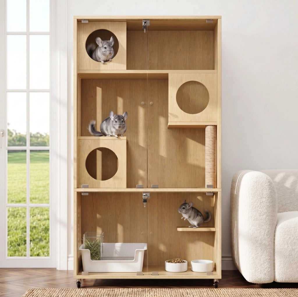 Gabbia per gatti 90x50x166 cm in MDF e vetro naturale, con serratura, da salotto –