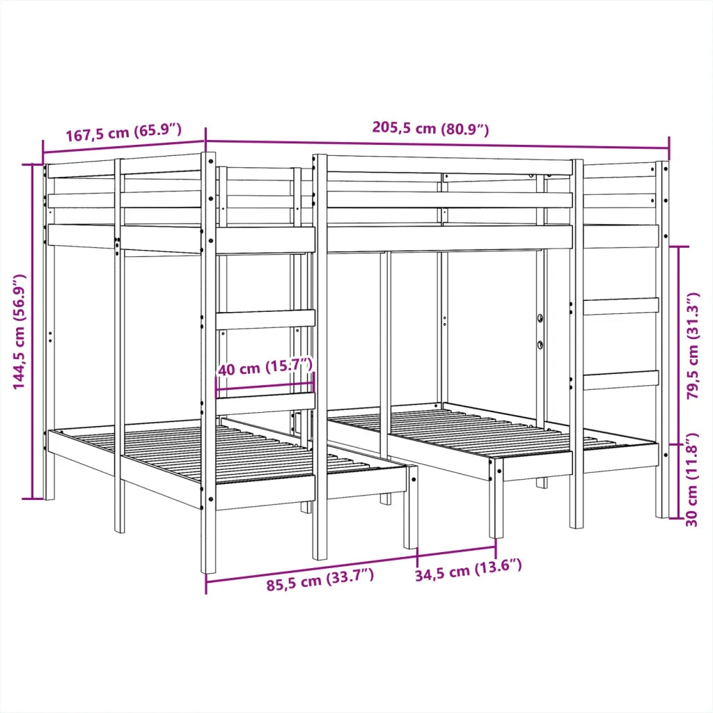 Giroletto Castello Triplo 160x200/80x160cm Legno Massello Pino