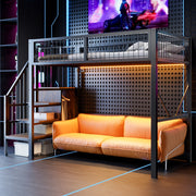 Letto a soppalco 90 × 200 cm 1 posto con scala contenitore, LED e barriera, senza materasso, nero