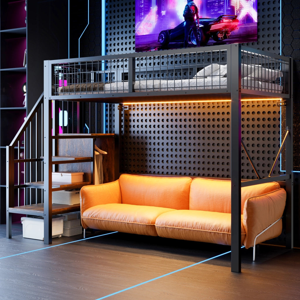 Letto a soppalco 90 × 200 cm 1 posto con scala contenitore, LED e barriera, senza materasso, nero