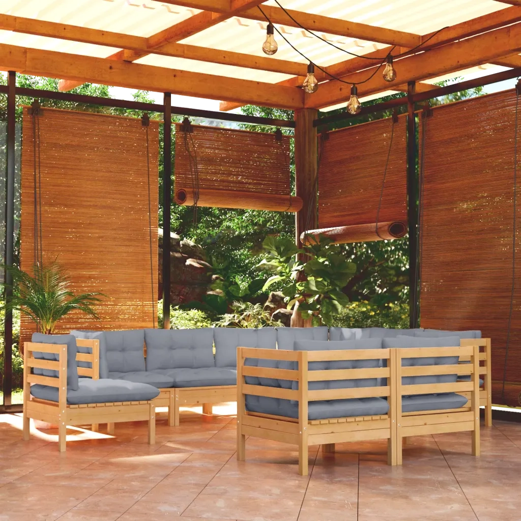Set Divani da Giardino 9 pz con Cuscini Grigi Massello di Pino cod mxl 39254