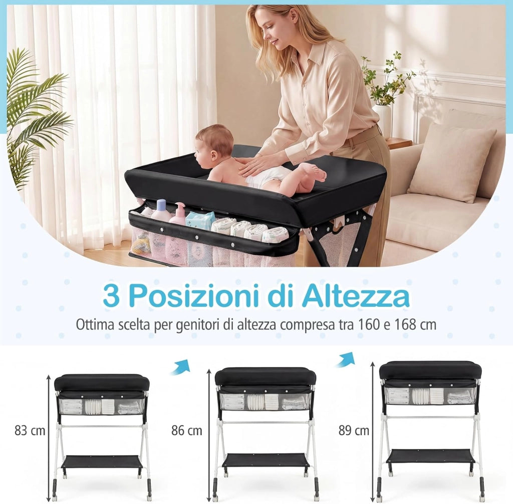 Fasciatoio Pieghevole per Bambini, Fasciatoio Portatile con Altezza Regolabile a 3 Livelli, Fasciatoio Neonato con Ruote di Bloccabili, Ripiano, Porta Asciugamani, per 0-12 Mesi (Nero)