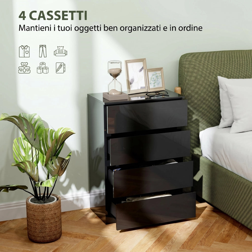 Cassettiera 4 Cassetti 55x33x80 cm Design Moderno e Multiuso in Legno Nero