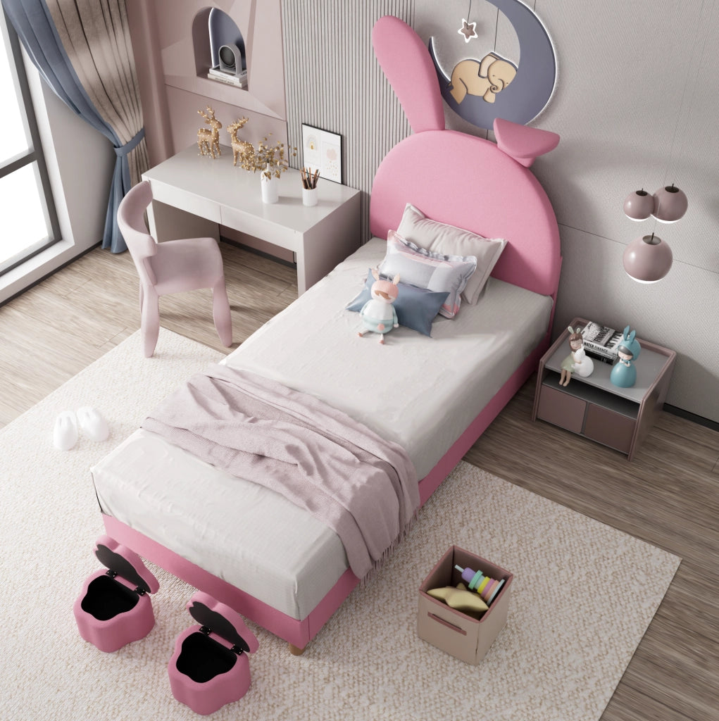 Letto singolo 90x200 cm con due panche contenitore; LED e orecchie pieghevoli in velluto rosa