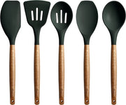 Kit di rivestimento antiaderente in silicone per utensili da cucina con manico in legno di acacia naturale, resistente a elevate temperature.